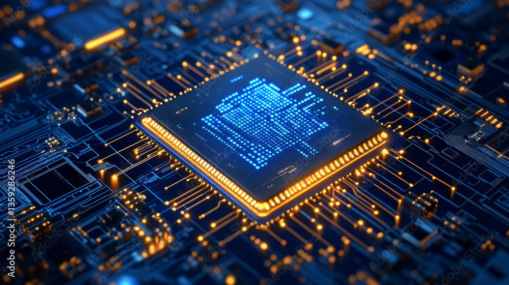 Poster futuristic processor, cpu 3d illustration. a quantum computer is a global digital network. processin