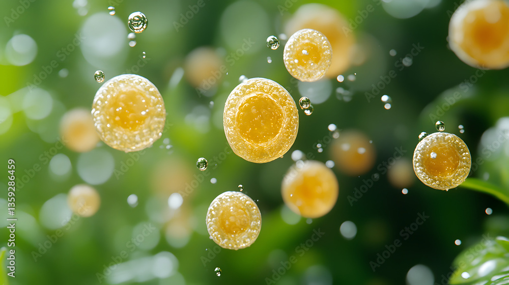 Poster glowing bubbles of vitality: capture the beauty of tiny, spherical droplets, creating a sense of won