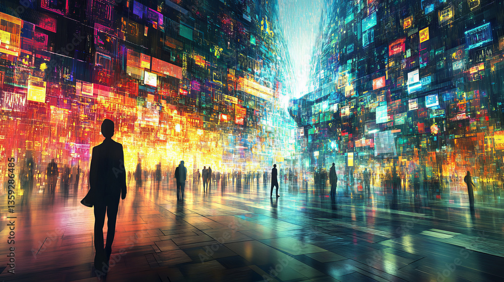 Poster big data concept. information field, data flow. digital neural network. introduction of artificial i