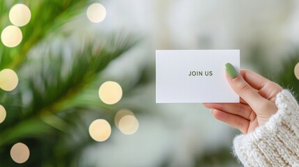 A hand holding a card with "JOIN US" printed on it, set against a softly lit background with greenery and bokeh lights.
