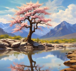 Illustration of blossom tree in spring season.