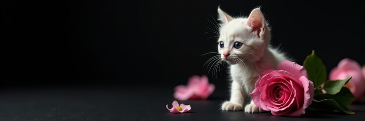 Adorable kitten with a delicate pink rose on a dramatic black background, adorable, black