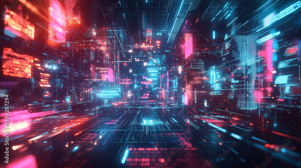 Poster hi-tech background 3d illustration. cyber field in neon rays, big data array and techno innovation. 