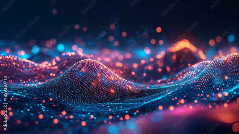 Poster hi-tech background 3d illustration. cyber field in neon rays, big data array and techno innovation. 