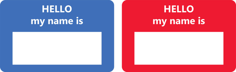 Hello, my name is label design, blank and filled, red and blue colors, adhesive labels, identity badges, office supplies, corporate event materials