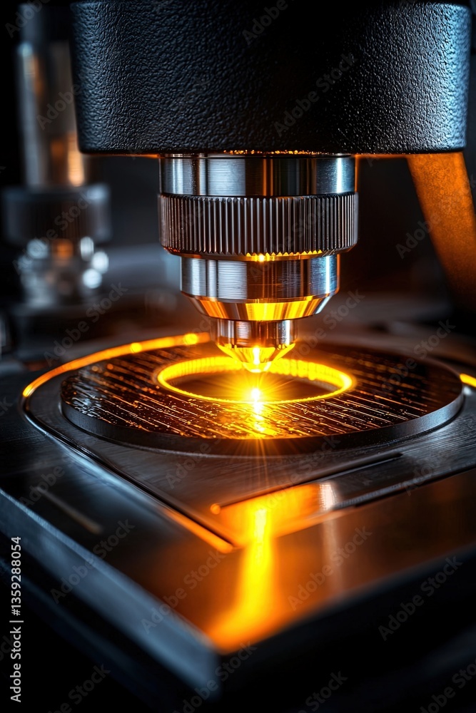Aufkleber close-up view of advanced microscope with bright illumination focusing on sample slide for scientifi