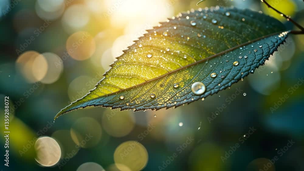 Poster close up green leaf with sparkling water droplets in a soft bokeh background