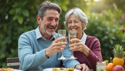 An elderly couple, a man and a woman, share a joyful moment as they toast with sparkling glasses in a vibrant garden setting. Their warm smiles and the lush greenery around them create an atmosphere