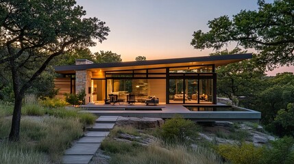 Fototapeta premium Remote modern house, nestled in nature tranquility, wide-open surroundings reflecting real estate growth and retirement plans, warm daylight ambiance. 