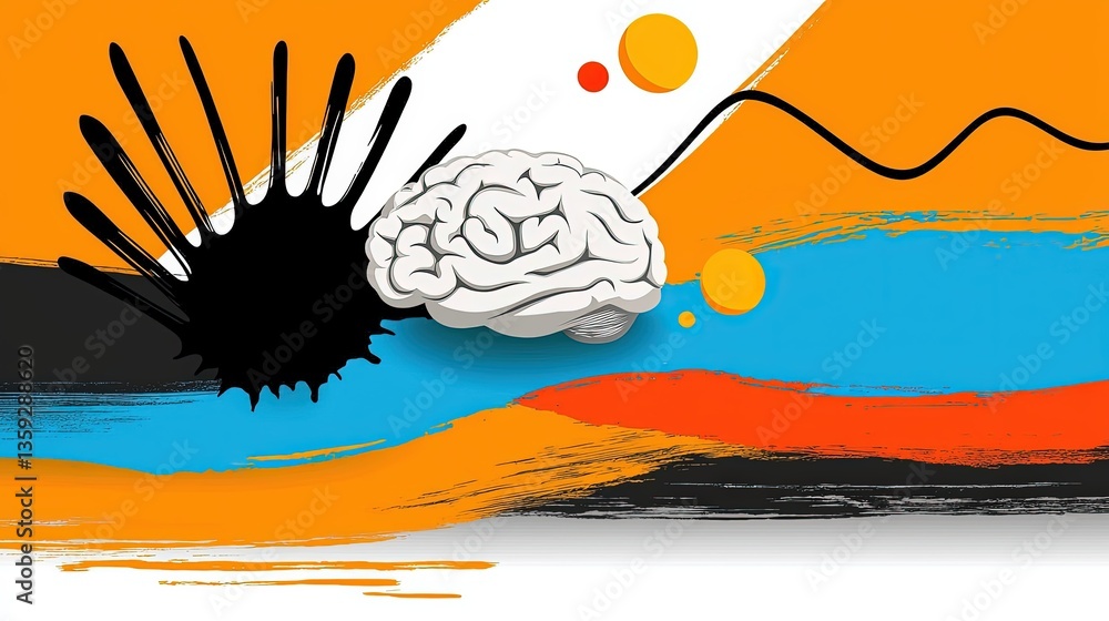 Aufkleber colorful abstract design featuring brain symbol on vibrant background with splashes and shapes for c