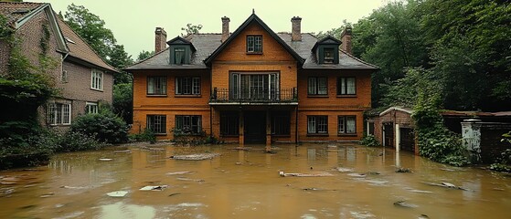 Obraz premium A large house is flooded by water in a residential area