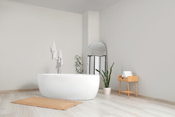 Interior of light room with bathtub, mirror and plants