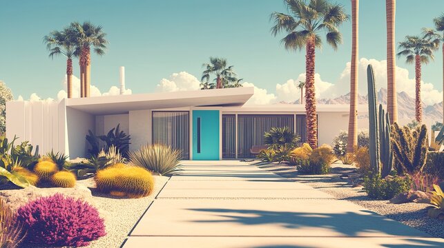 Retro desert real estate, MCM white home with aqua blue door, iconic palm tree skyline, cacti in sunlit garden, vibrant suburban landscape 