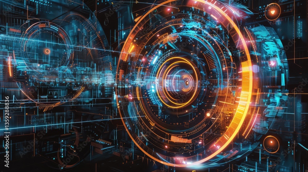 Poster this abstract futuristic diagram showcases vibrant circular designs, emphasizing advanced technology
