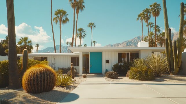 Retro desert real estate, MCM white home with aqua blue door, iconic palm tree skyline, cacti in sunlit garden, vibrant suburban landscape 