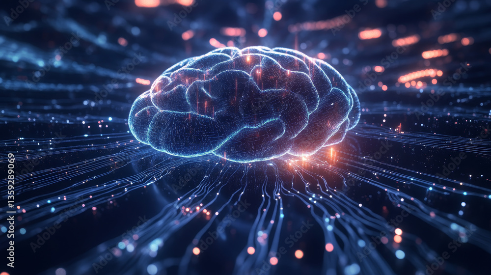 Aufkleber ai concept. sci-fi 3d illustration. digital brain, mind and intertwining of synthetic neurons. elect
