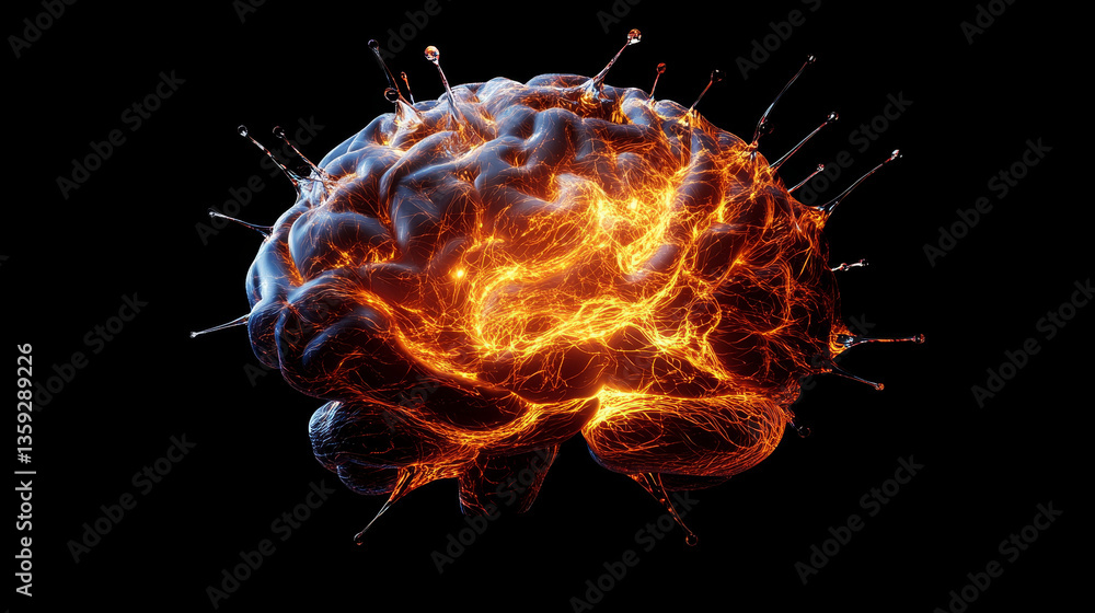 Poster ai concept. sci-fi 3d illustration. digital brain, mind and intertwining of synthetic neurons. elect