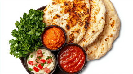 Whole wheat flatbread with assorted dips and fresh parsley garnish