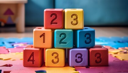 A colorful stack of wooden toy blocks with numbers and letters.