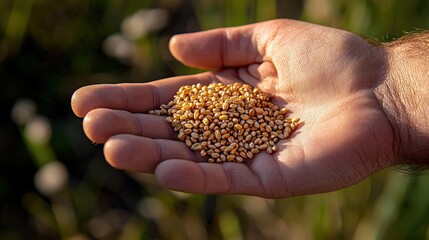Hand holding a handful of seeds ready for planting in a garden with a bright sunny background