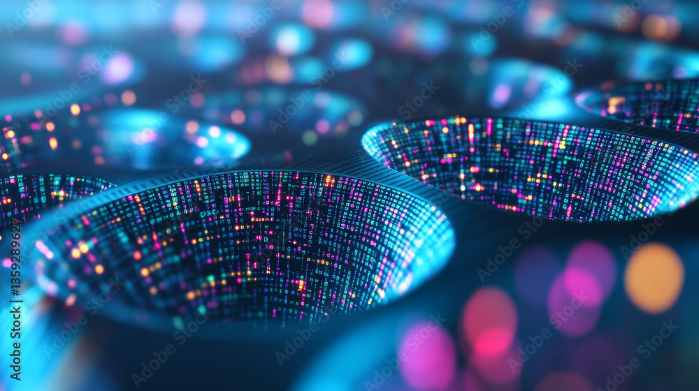 Aufkleber streaming data of digital mega corporations. cyber business and crypto analytics. 3d illustration of