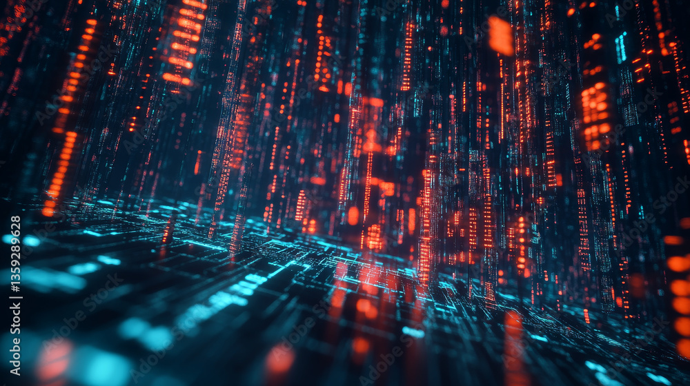 Poster futuristic data stream 3d illustration. data transfer technology. cyberpunk, big data and cybersecur