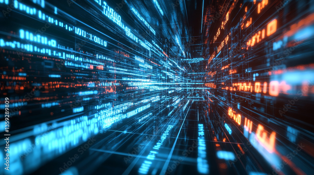 Poster futuristic data stream 3d illustration. data transfer technology. cyberpunk, big data and cybersecur