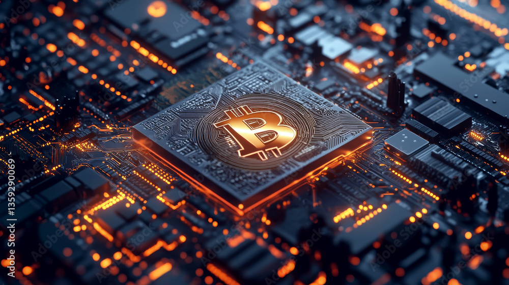 Poster bitcoin, cryptocurrency blockchain concept. 3d illustration of digital mining in global cyberspace
