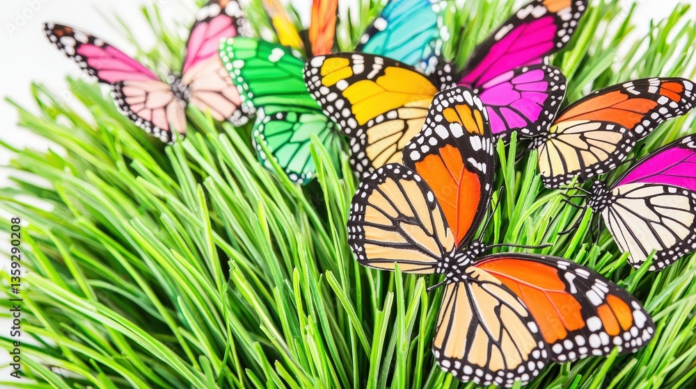 Poster bunch of vibrant colorful butterflies displaying a stunning array of patterns against greenery