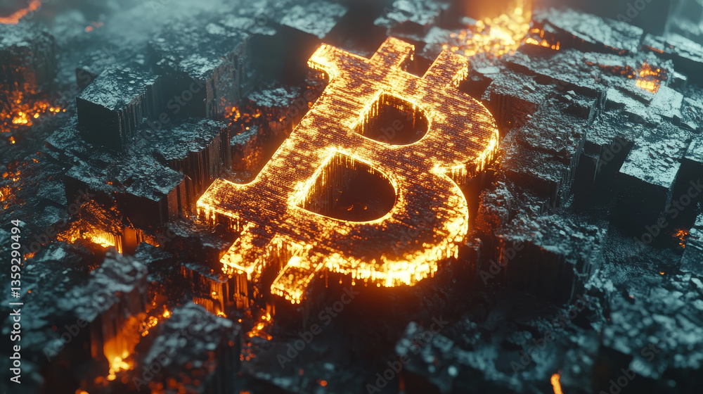 Poster mining cryptocurrency. blockchain 3d illustration. futuristic concept bitcoin symbol consisting of s