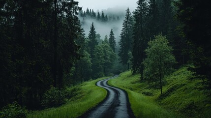 Fototapeta premium A winding road through lush green forests under a foggy sky