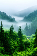 Obraz premium Misty mountain valley with lush green conifers