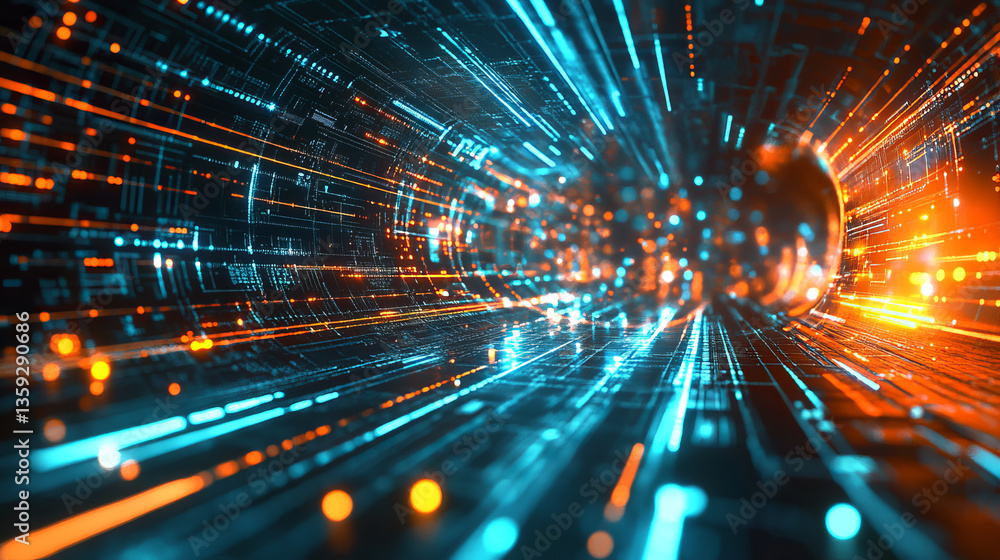 Poster sci-fi tech cyber futuristic 3d illustration. abstract data gateway. protected information flow. big