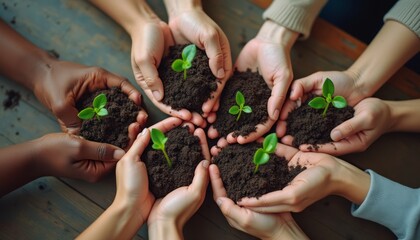 A circle of hands, representing various ethnicities, gently holds rich soil with budding green plants, symbolizing growth and unity. This image beautifully captures the essence of collaboration and