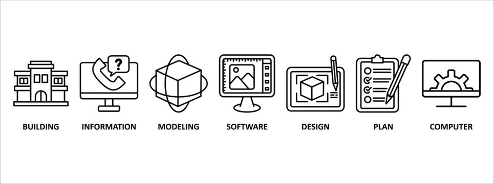 BIM banner web icon vector illustration concept for building information modeling with icon of building, information, modeling, software, design, plan, and computer