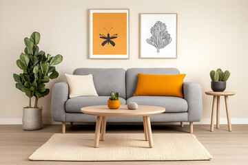 Modern living room with gray sofa, orange accents, and botanical prints