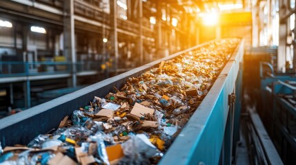 Industrial Recycling: Conveyor belt transporting a stream of waste materials through a modern recycling facility, illuminated by the sun's rays.