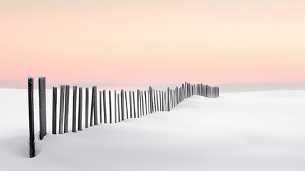 Rustic wooden fence cutting through untouched snow, stark contrast against the white expanse, pastel sunset tones in the sky 