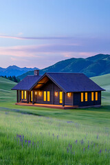 Modern ranch house nestled in a vibrant green field at dusk, mountains in the background