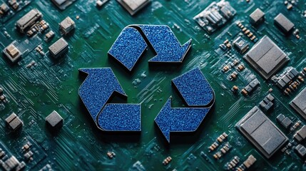 Tech Recycling: A symbolic view of the recycling icon embedded on a detailed computer circuit board, symbolizing the concept of technological sustainability and eco-friendly electronics.