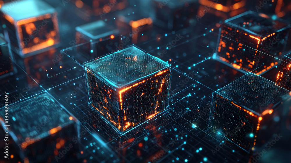 Poster quantum computer. global network technology blockchain. digital world of future. 3d illustration bac
