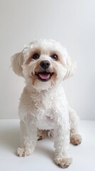 Obraz premium Cute happy dog sitting and posing on white background, Maltipoo dog