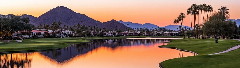 Naklejka premium A scenic sunset view of a lake and surrounding landscapes