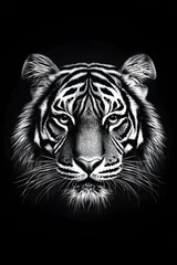 Obraz premium Monochrome tiger portrait, intense gaze, dark background