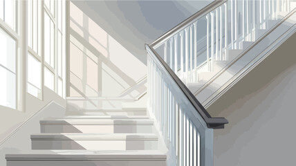 Fototapeta premium The image shows a modern white staircase extending diagonally from the bottom left to the top right of the frame. The staircase is brightly lit by sunlight streaming through large windows to the