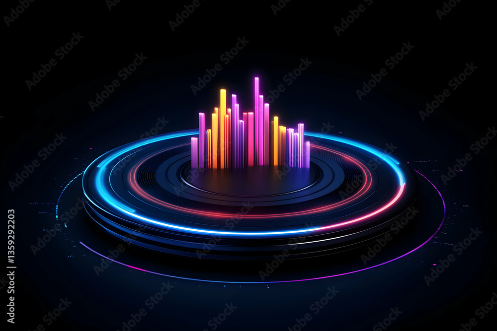 Poster neon light bars on a circular platform, futuristic data visualization