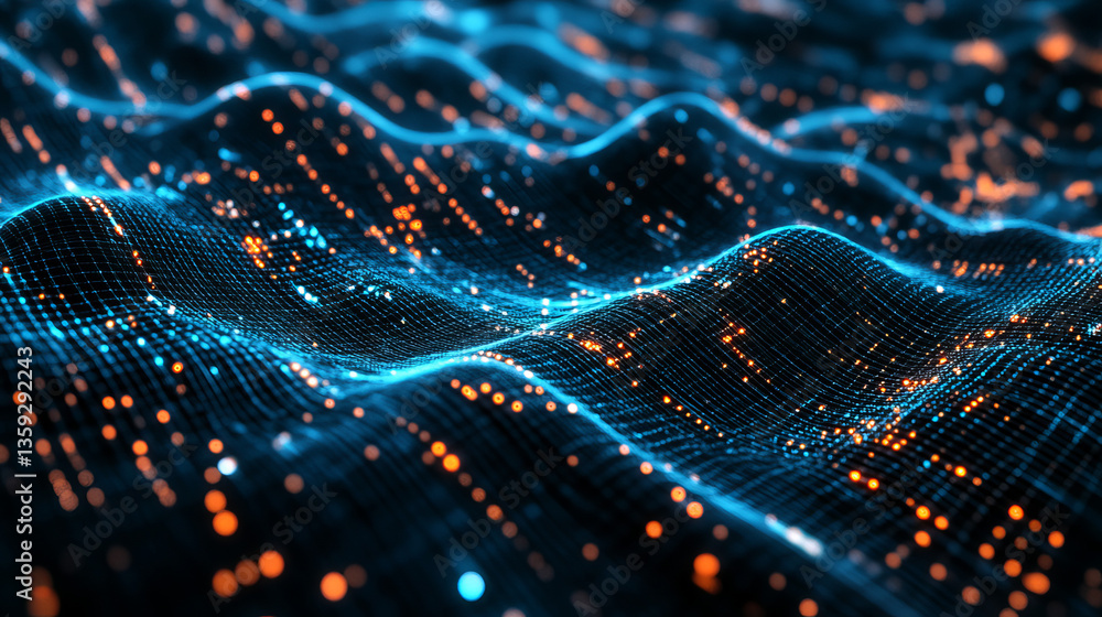 Poster futuristic data stream 3d illustration. data transfer technology. cyberpunk, big data and cybersecur
