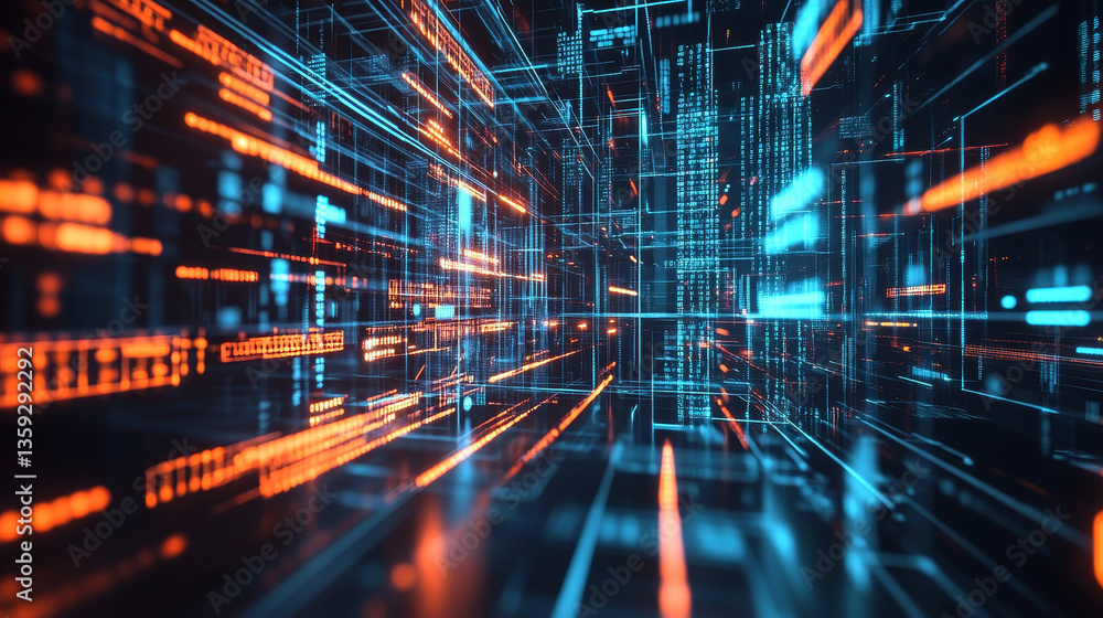 Poster futuristic data stream 3d illustration. data transfer technology. cyberpunk, big data and cybersecur