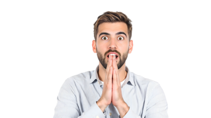 Handsome guy, hands covering ears, face a shocked expression