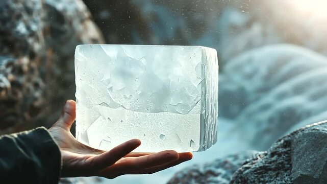 Hand carving a logo into ice block in foggy cave setting